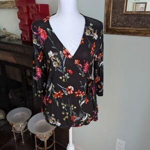 Bobeau Women's Small Black & Colorful Floral Side Tie Wrap Top Stretch Blouse 72